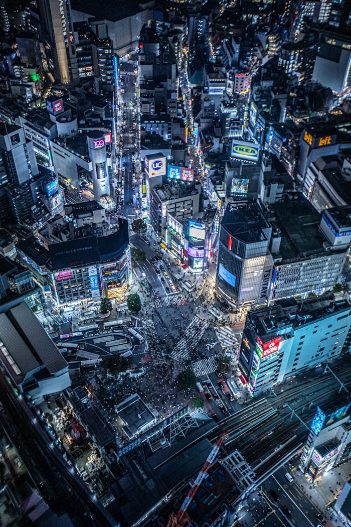 Services Aerial View of Shibuya in Tokyo, Japan at Night