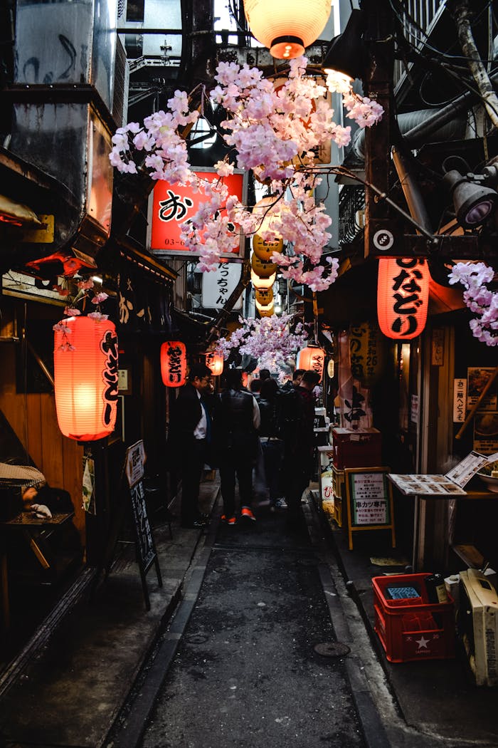 Services Explore a lively Japanese alley adorned with lanterns and cherry blossoms in an atmospheric street market.